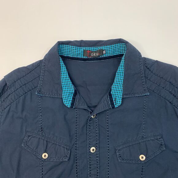 Toku Shirt Men XXL 2XL Navy Cotton Long Sleeve Button Up Dual Chest Flap Pockets - Picture 3 of 9